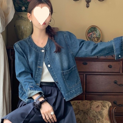 New Korean style short washed denim short jacket for early autumn, unique, chic, simple, round neck and temperament