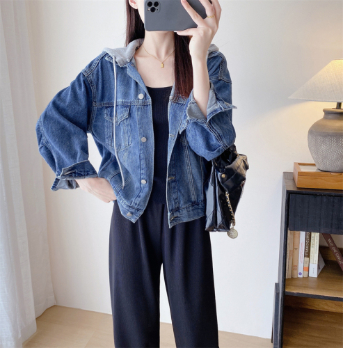 Soft denim!  High-end European style Hong Kong style women's loose hooded detachable fake two-piece jacket top coat for women