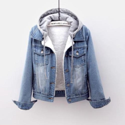 2024 winter denim jacket for women, Korean version, velvet thickened cotton coat, detachable hood, warm lamb velvet cotton coat, short style
