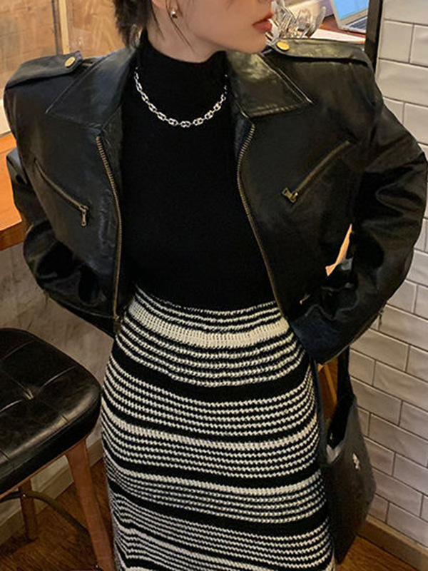 Fashionable Black Short PU Leather Jacket Women's Spring and Autumn Design Slim Retro Motorcycle Jacket Top