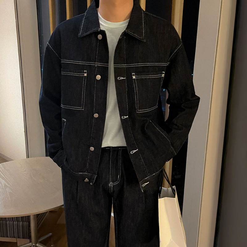 BJ handsome workwear denim suit men's autumn Korean style loose lapel jacket straight casual jeans