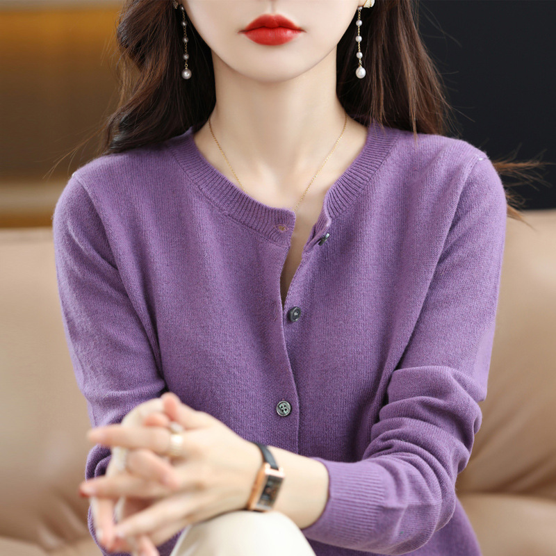 2024 New Knitted Cardigan Early Spring Round Neck Sweater Women's Long Sleeve Solid Color Versatile Jacket Women's Clothing