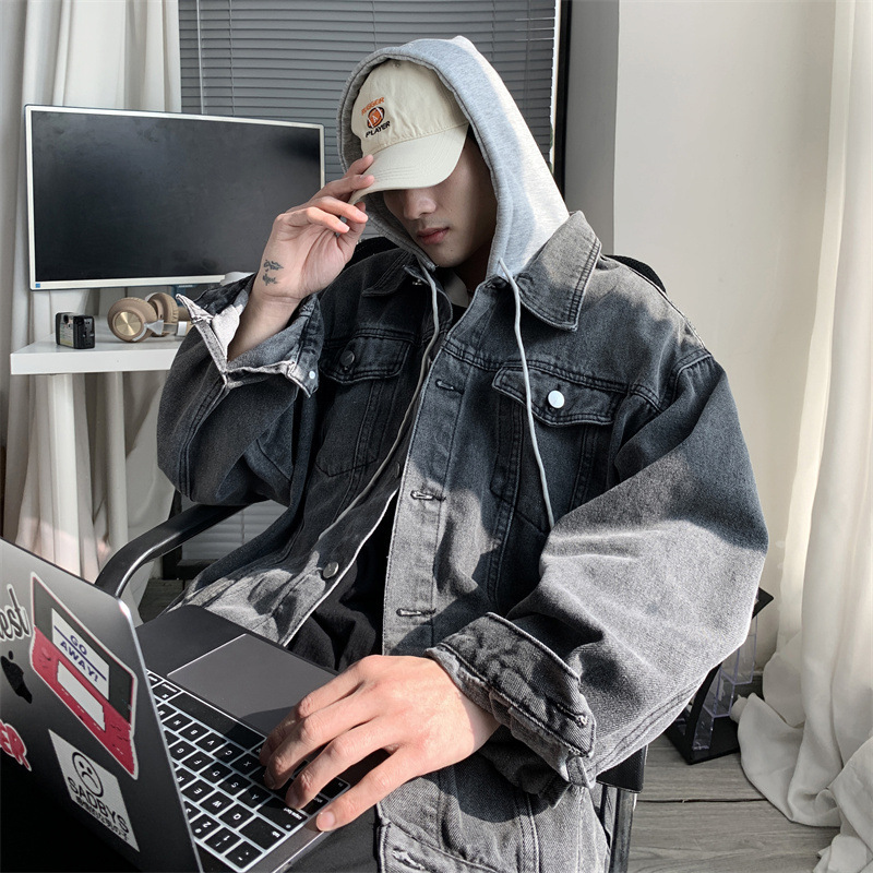 Autumn and winter large size men's casual solid color hooded denim jacket couple Japanese loose top jacket