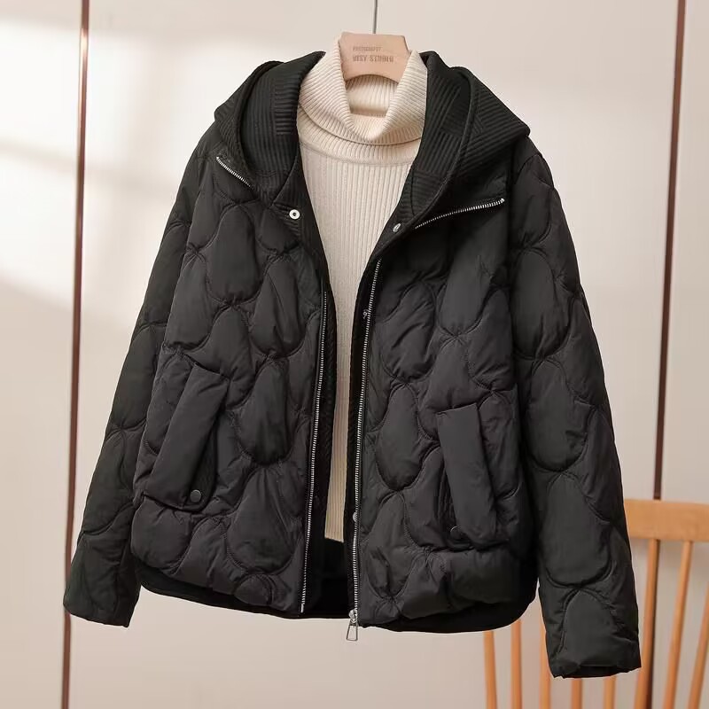 Fake two-piece knitted hooded down cotton clothes for women winter new short Maillard Korean style bread coat thick coat