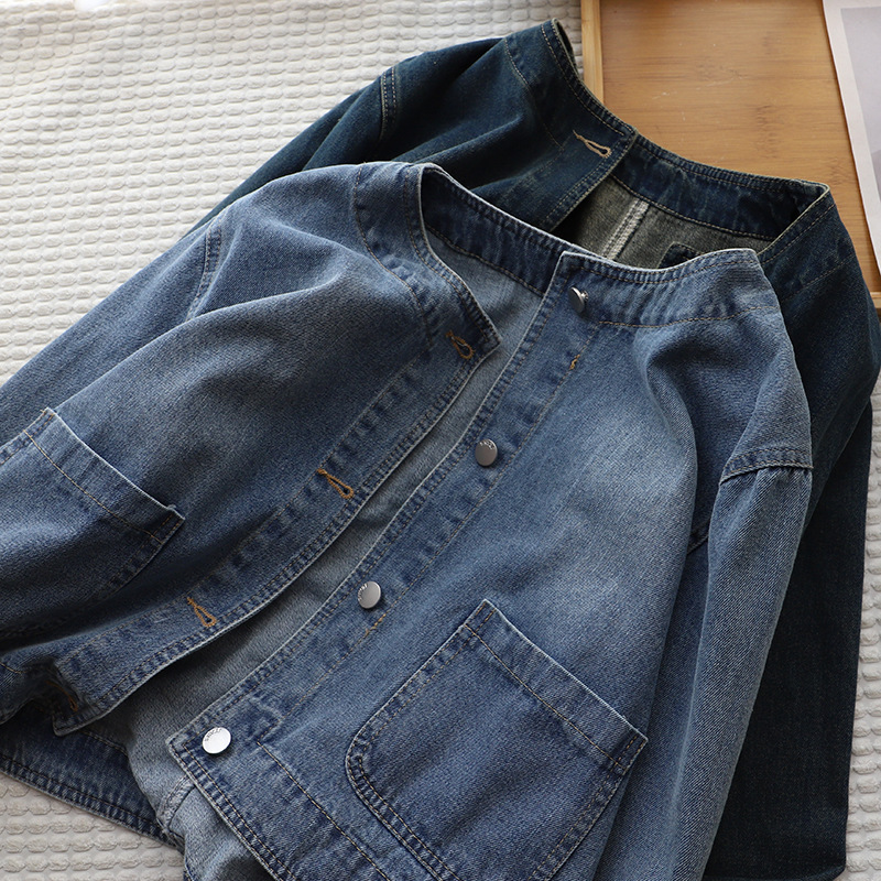 [Bizheng] Early autumn new Korean style women's fashionable round neck big pocket loose and versatile denim jacket 8732