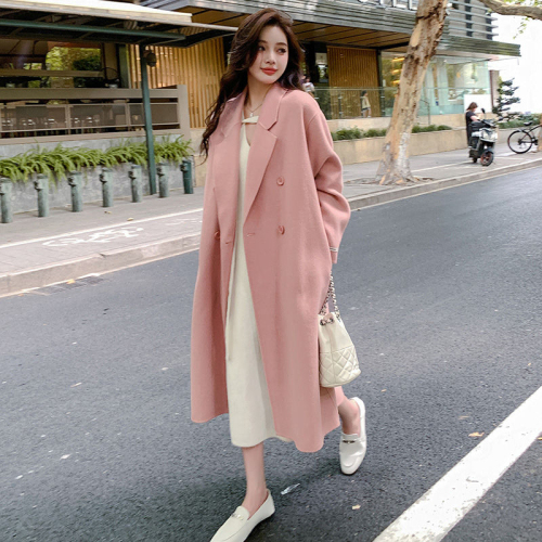 Pink double-sided cashmere woolen coat for women autumn and winter 2024 new Korean style over-the-knee woolen coat