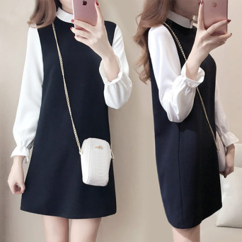 Early autumn thin loose style slimming and fat mm long-sleeved bottoming inner dress women's fake two-piece Korean style A-line skirt large size