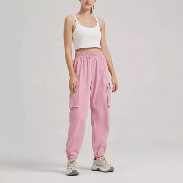 2024 European and American new women's casual solid color workwear elastic stretch waist elastic leg cinch three-dimensional bag sweatpants