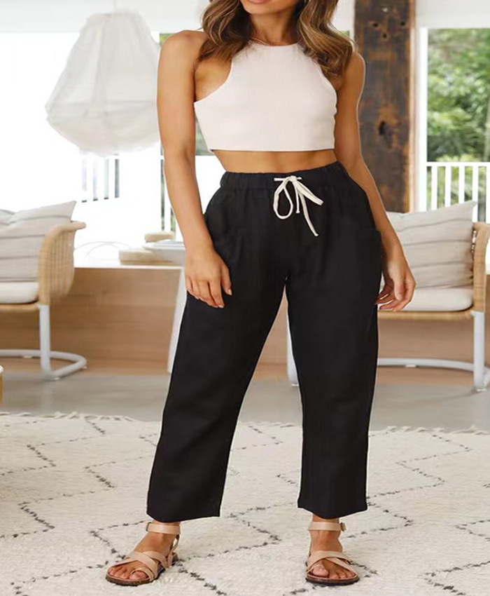 Amazon 2024 spring and summer trousers European and American cross-border women's clothing wholesale loose casual lace-up cotton and linen straight trousers