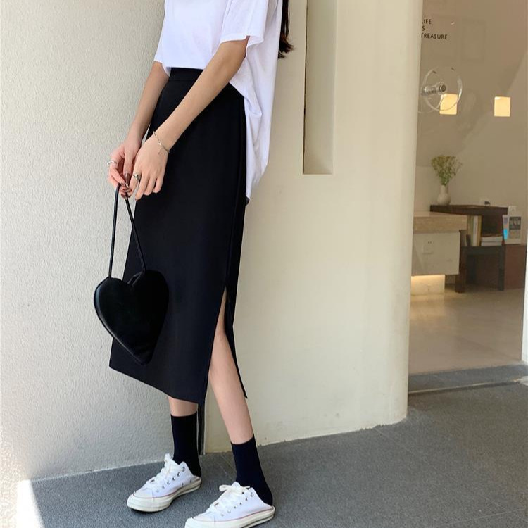 New large size fat mm mid-length A-line skirt with high waist and slit black skirt slimming hip skirt
