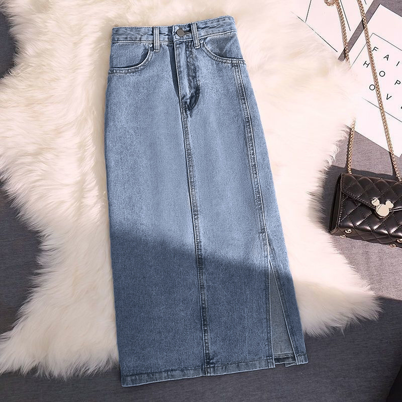 Denim skirt women's mid-length new style high waist slimming side slit hip wrap skirt