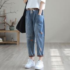 Ripped nine-point jeans for women, loose, thin, slimming, new elastic waist, casual large size harem pants for women