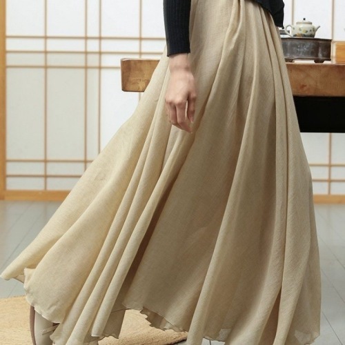 Linen skirt double layer cotton and linen lazy style skirt spring and autumn mid-length literary ethnic style Hanfu long skirt