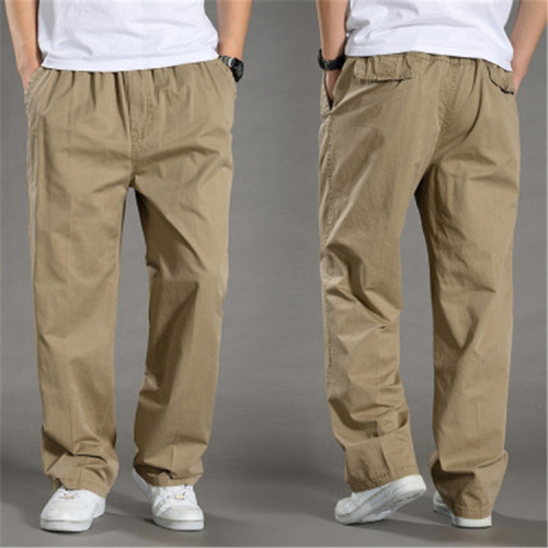 New Men's Cotton Casual Pants Large Size Overalls Thin Loose Large Size Elastic Waist Straight Leg Pants