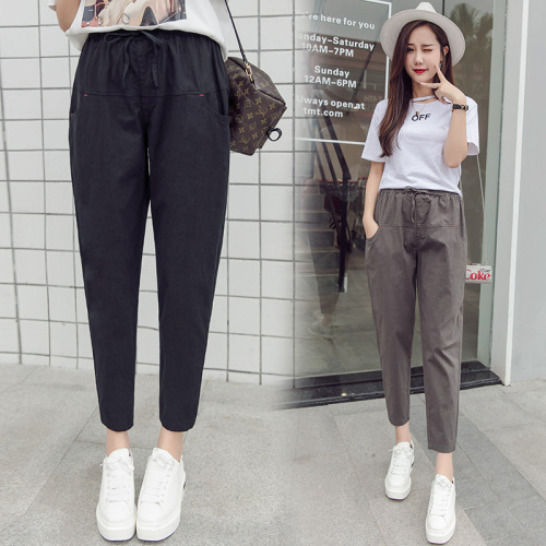 New cotton and linen nine-point pants, loose lace-up harem pants, large size elastic waist women's casual pants