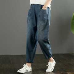Real shot of summer new large size elastic waist thin denim nine-minute pants for women