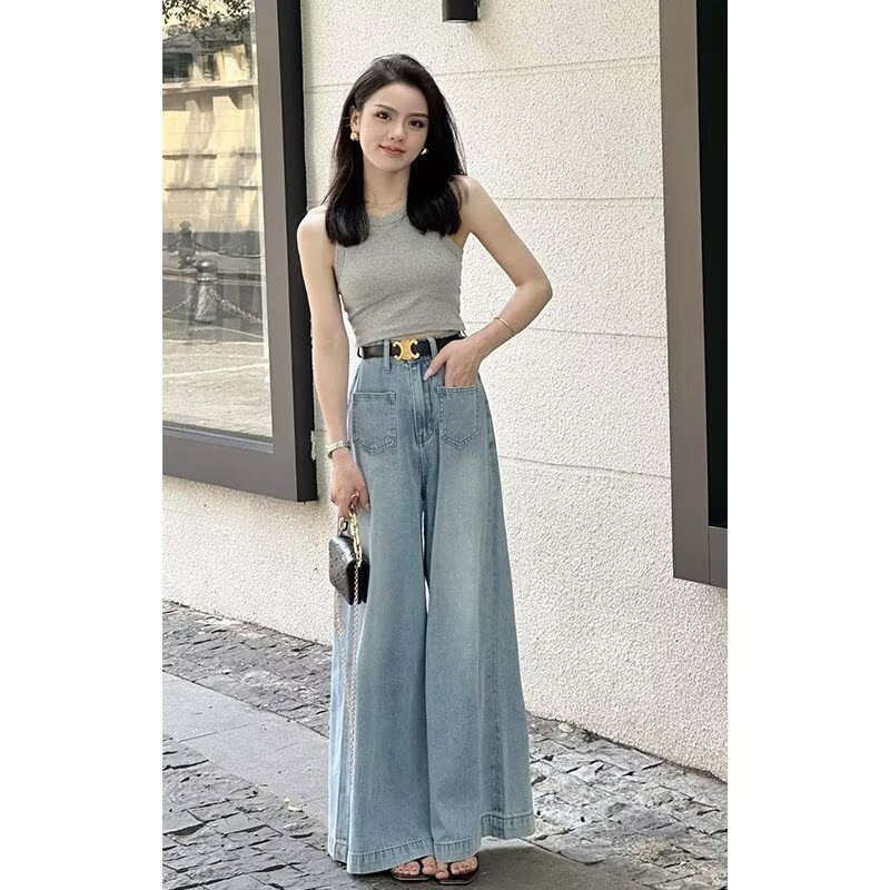 Hong Kong style retro straight jeans women's loose 2024 new high waist slim drape wide leg floor mopping pants