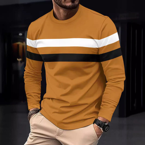 Cross-border foreign trade large size autumn and winter men's round neck long-sleeved color-blocking bottoming shirt pullover thin long-sleeved T-shirt for men