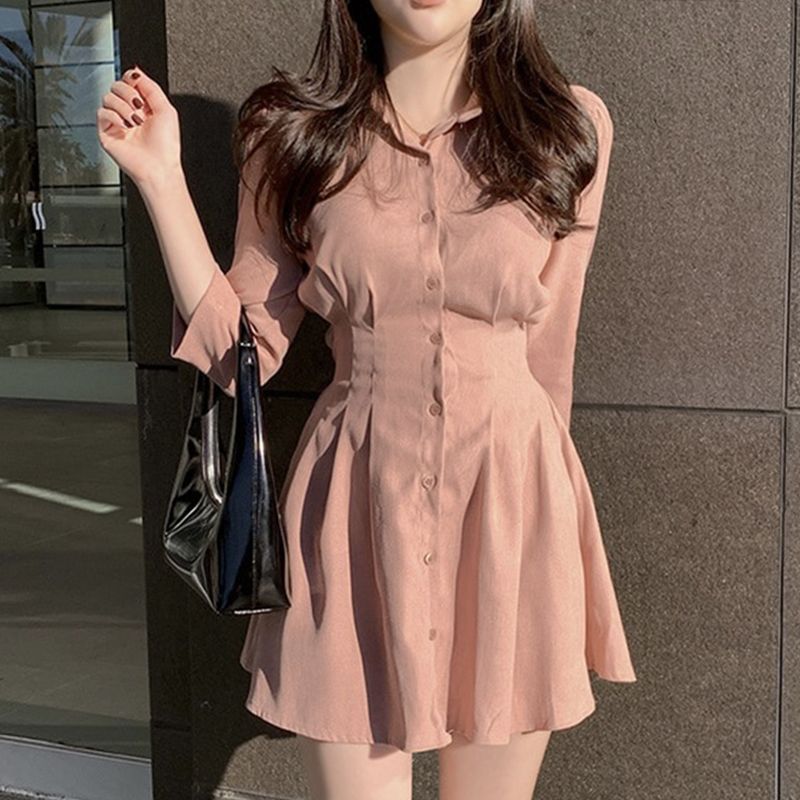 Pure lust-style sweet temperament lapel single-breasted waist slimming puff sleeve petite A-line shirt dress