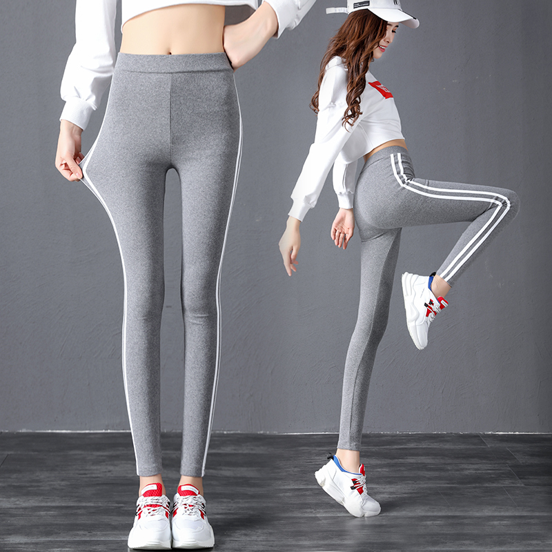 Autumn and winter pure cotton stretch knit leggings women's slim large size striped pencil pants casual running sports pants