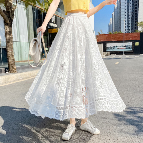 Seamless lace and velvet skirt with large swing, slimming and covering the crotch, new high-waisted A-line pleated mid-length skirt