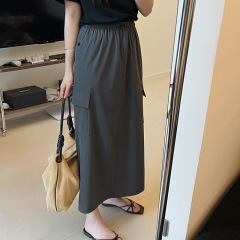 Elastic waist American workwear skirt, retro, casual, versatile, slim, straight, mid-length, slit skirt