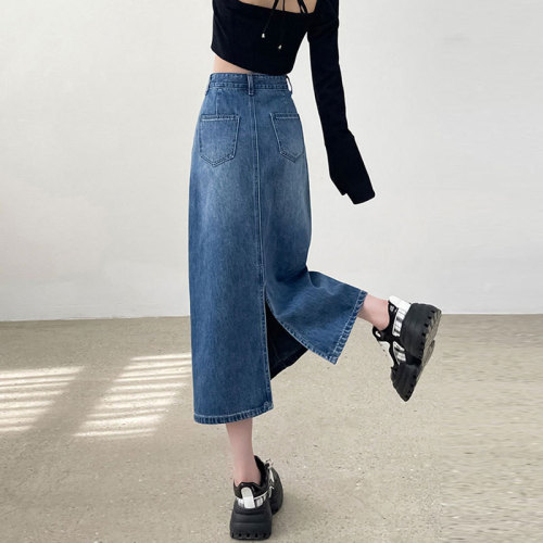 Leather brand design skirt for women ins style denim skirt petite mid-length fashionable high waist straight hip-covering a-line skirt