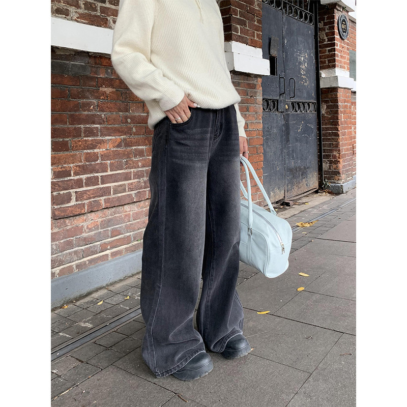 Retro street wide-leg jeans for women, autumn ins versatile distressed straight trousers for women