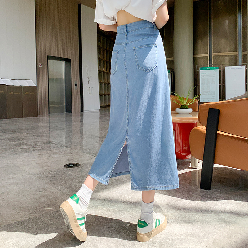 Thin Tencel Denim Mid Skirt Women's 2024 High Waist Slit Drape Casual Temperament Comfortable Breathable Skirt