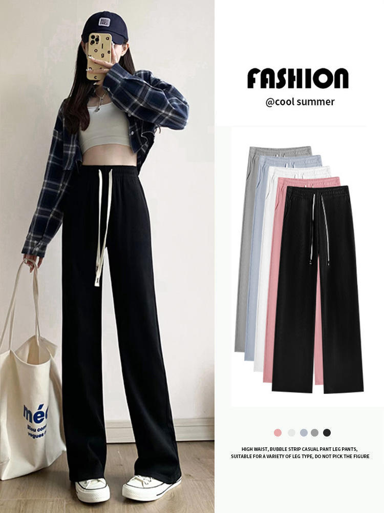 Black narrow wide-leg pants for women, new summer high-waisted straight-leg casual sports pants for small people