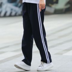 School uniform pants for male and female high school students, two stripes, dark blue sweatpants, two stripes, dark blue parallel bars, junior high school school pants
