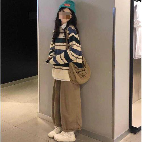 College style retro striped soft waxy sweater sweater for women autumn thin loose lazy style contrast top early autumn