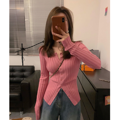 Veee pink vertical striped sweater for women 2024 spring and autumn new slim fit inside and outside cardigan top thin section