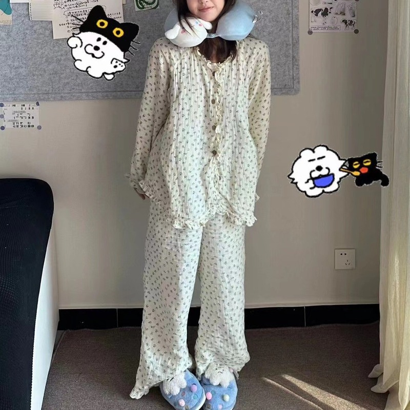 ins girl Korean style high-end floral trousers pajamas spring and autumn 2024 new home clothes set can be worn outside