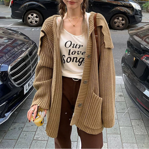 Art student design brown knitted sweater jacket for women 24 autumn and winter sailor collar sweet cool style loose top