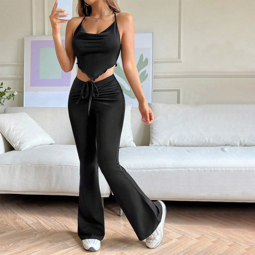 European and American cross-border temu design high-waisted bell-bottom pants 2024 new style waist-length black floor-length long pants for women