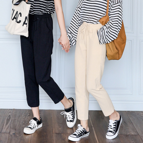 Spring new Korean style straight mid-waist nine-point casual pants for women, linen and cotton outer wear women's pants