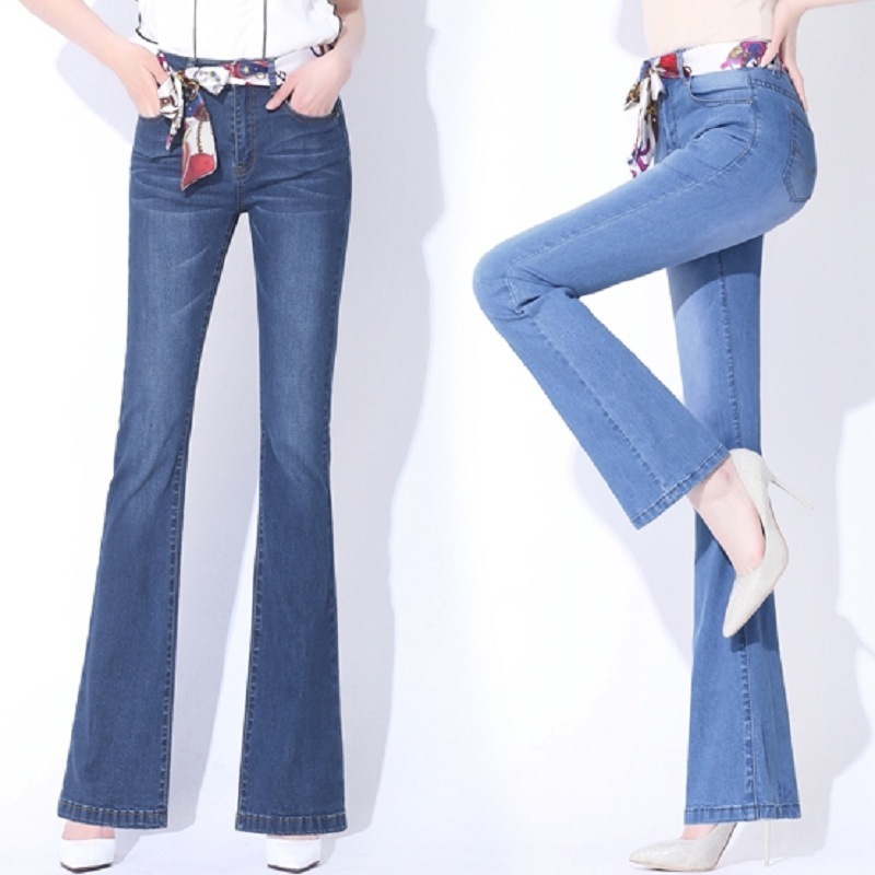 Summer new high-waist micro-flared jeans for women plus size elastic slimming straight-leg flared wide-leg trousers