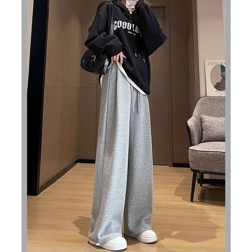 White flower gray sweatpants for men and women, spring and autumn new American retro trendy brand loose drapey wide-leg pants straight-leg sports pants