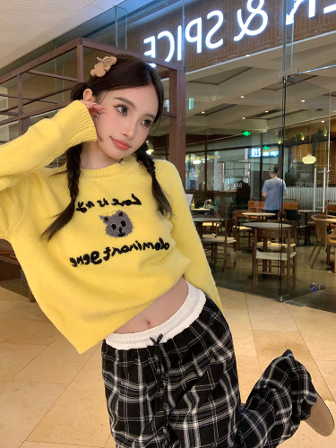 Dopamine Outfit Pullover Sweater Women's Autumn and Winter 2024 New Yellow Cartoon Sweater Bottoming Shirt with Top