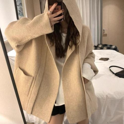 Silhouette hooded thickened pockets large size knitted cardigan for women autumn and winter new Korean design niche sweater jacket