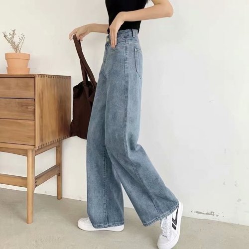 Wide-leg jeans for women, loose autumn and winter new Hong Kong style retro high-waist drape chic straight-leg floor-length trousers