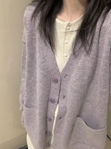 Loose and lazy purple sweater jacket for women autumn and winter 2024 new V-neck knitted cardigan high-end top