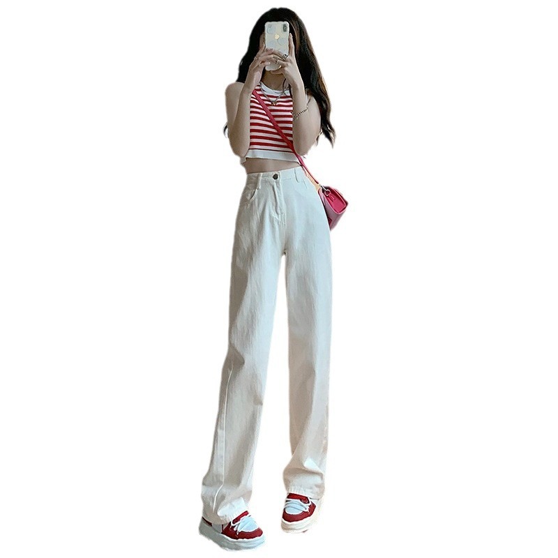 Off-white retro Hong Kong style high-waisted wide-leg jeans for small women Korean style loose straight straight drape floor-length trousers