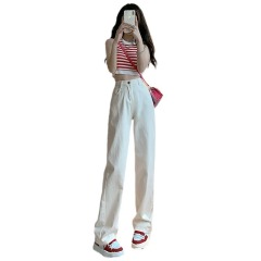 Off-white retro Hong Kong style high-waisted wide-leg jeans for small women Korean style loose straight straight drape floor-length trousers