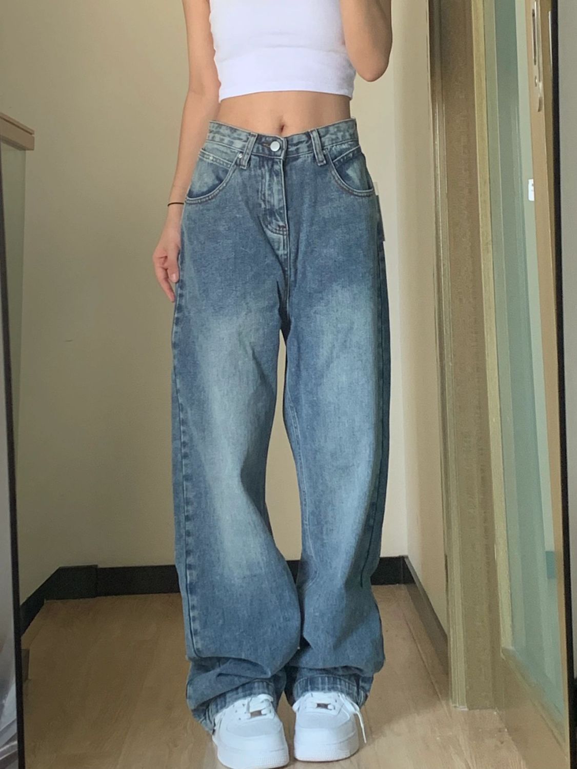 Large size high-waisted wide-leg jeans for fat girls in autumn new style retro loose straight pants and floor-length trousers trendy