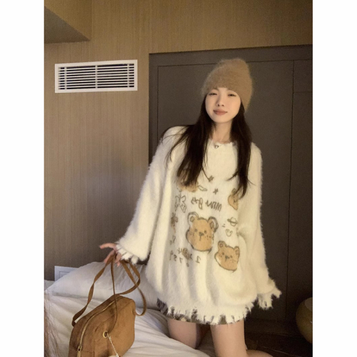 Korean design fufu lazy bear sweater women's autumn and winter loose irregular hole mink wool sweater