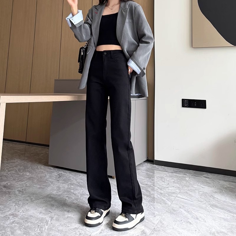 Narrow straight jeans for women in autumn and winter new style pear-shaped high waist slimming wide legs small black cigarette pants