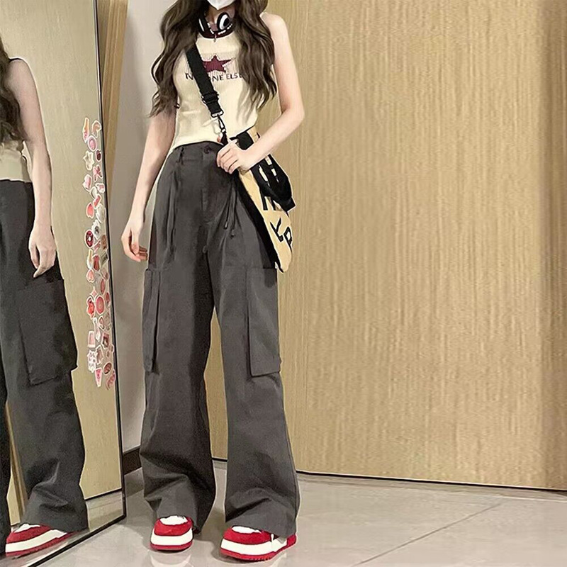 Pear-shaped body dark gray overalls for women spring and summer new high-waisted loose slimming straight casual wide-leg trousers trendy