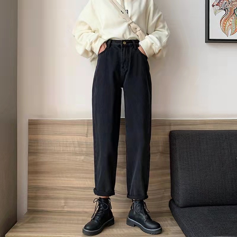 Velvet thickened jeans for women in autumn and winter new style high-waisted slimming loose retro pear-shaped figure harem dad pants trendy